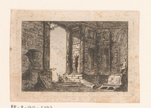 Interior of a temple with three figures on a staircase