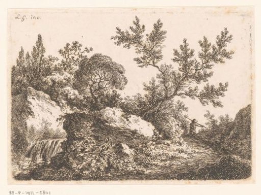 Landscape with a cascade and a man with a staff