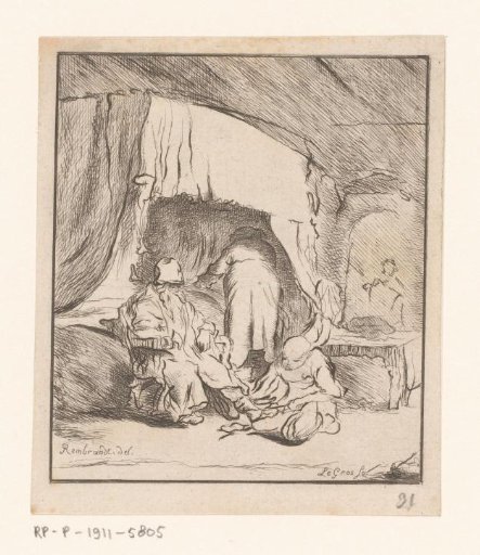 Interior with an old man on a chair in front of a bed with three other figures