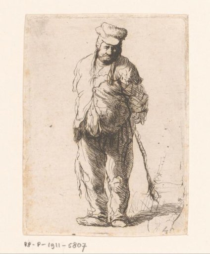 Standing man with cap, possibly a beggar, seen from the front