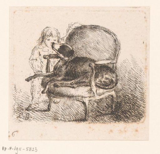 Portrait of Émile Legros next to a dog on a chair