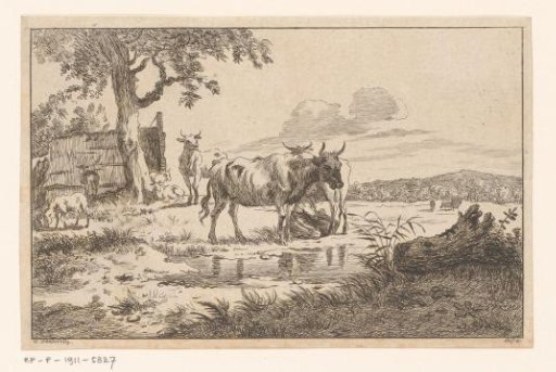 Peasant woman with cows by the water