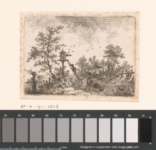 Man with a wheelbarrow and woman on a ladder by a dovecote