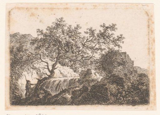 Rocky landscape with waterfall and two figures by a tree