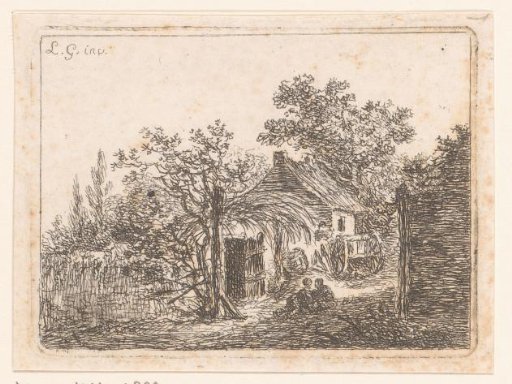 Two seated figures before a courtyard