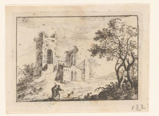 Landscape with a man and a woman with a dog before a ruin
