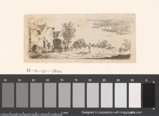 Two covered wagons before an inn