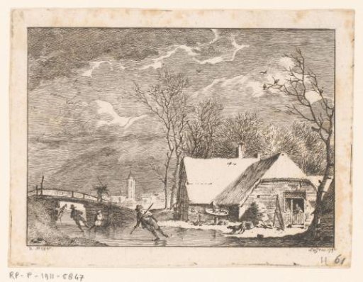 Winter landscape with skaters in front of a bridge and a house