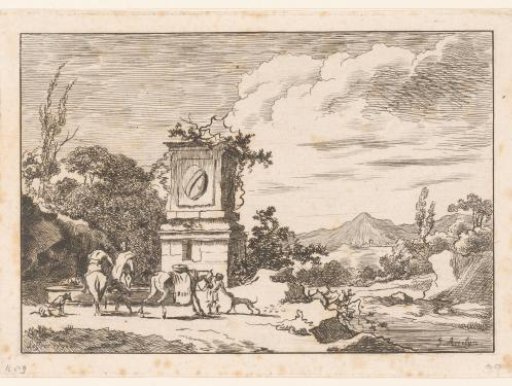Mediterranean landscape with riders at a watering place