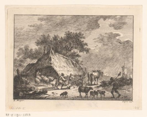 Farmhouse with various figures and a shepherdess