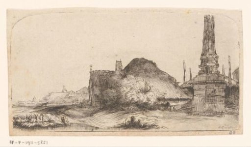 Landscape with houses near an obelisk