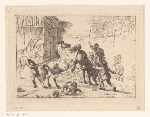 Rearing and bucking horses in front of a stable