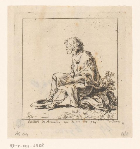 Old man of 110 years, seated on a stone