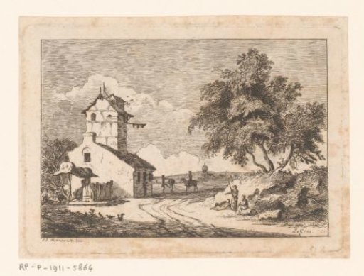 Landscape with a house with a tower and travellers along a path