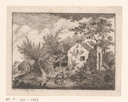 Landscape with a man and a woman before a house by the water