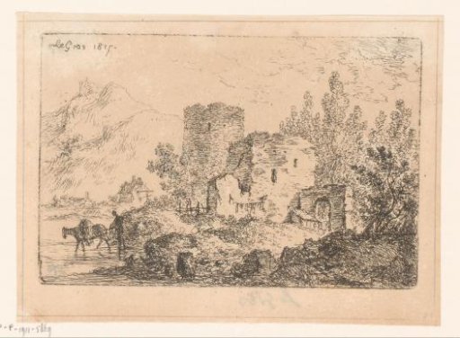 Mountain landscape with ruin and figure with a donkey