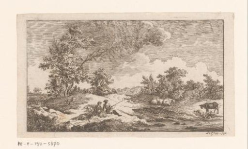 Landscape with resting hunters and cows