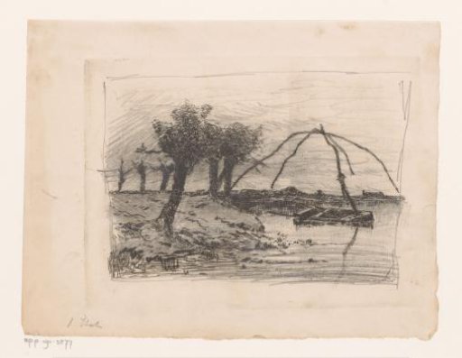 Landscape with Pollard Willows, in the Water a Rowing Boat with a Skiff