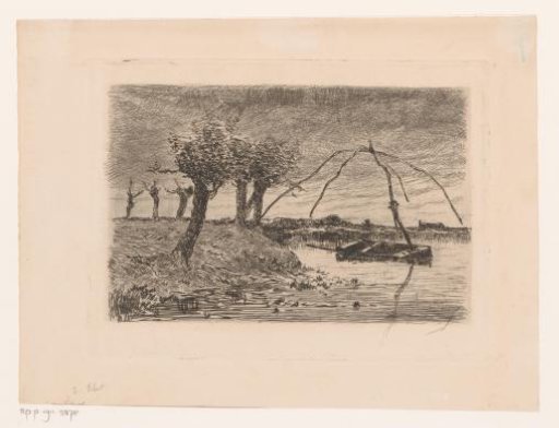Landscape with Pollard Willows, in the Water a Rowing Boat with a Skiff