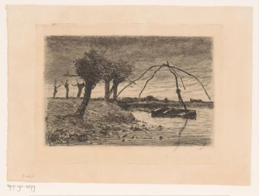 Landscape with Pollard Willows, in the Water a Rowing Boat with a Skiff