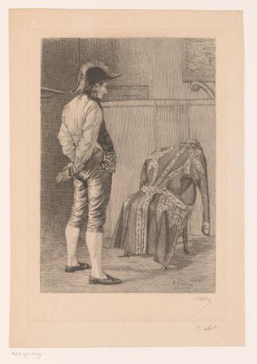 Man with a Clothes Brush Looking at His Coat Hanging Over a Chair