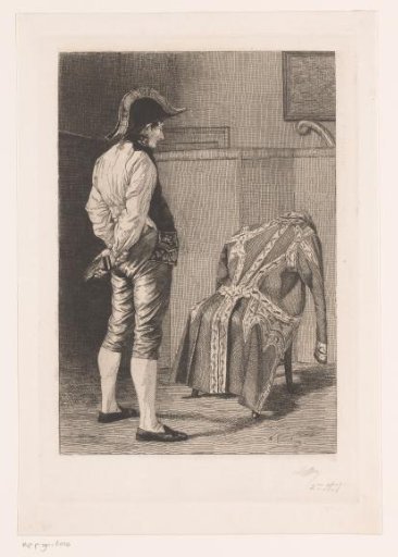 Man with a Clothes Brush Looking at His Coat Hanging Over a Chair