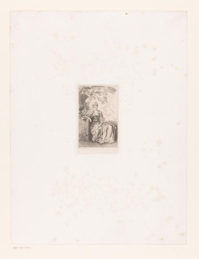 Woman Seated with a Letter in Her Hand Next to a Garden Vase on a Pedestal
