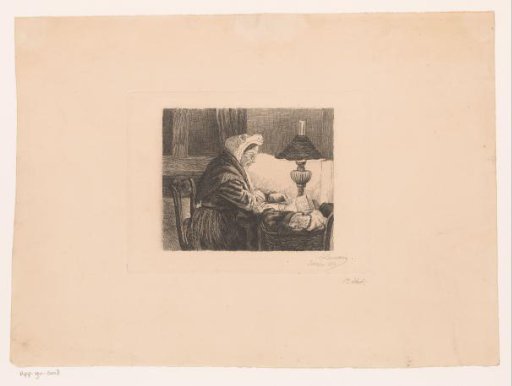 Old woman reading a newspaper by lamplight