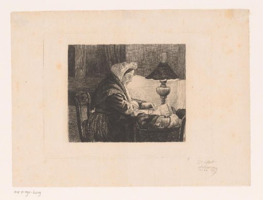 Old woman reading a newspaper by lamplight