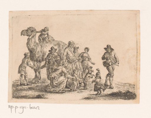Musicians with a hurdy-gurdy and a drum make dogs dance for an audience, in the background a dromedary with a monkey on its back