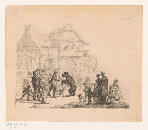 Dancing bear with handler in front of an inn, in the foreground a monkey among the spectators