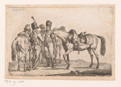 Three hussars with their horses