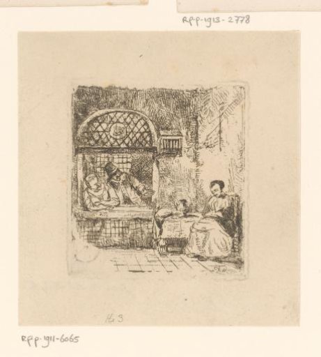 Two Figures Looking into an Interior with a Sleeping Woman