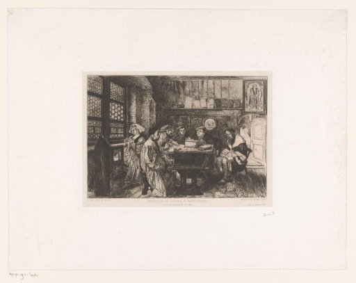 Interior with a group of persons including Luther around a table, on the left a lady in the window seat