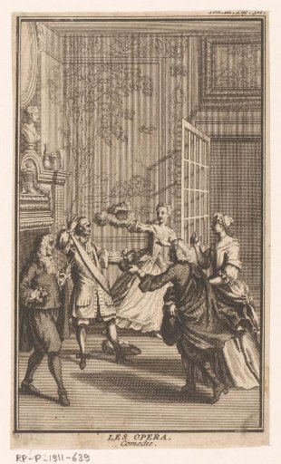 Interior with a woman removing a man's wig