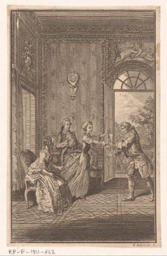 Interior with a lady greeting a man