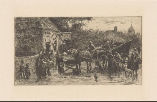 Figures by a horse-drawn carriage on the street