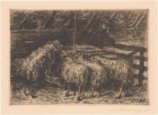 Sheep and a Shepherd in a Stable