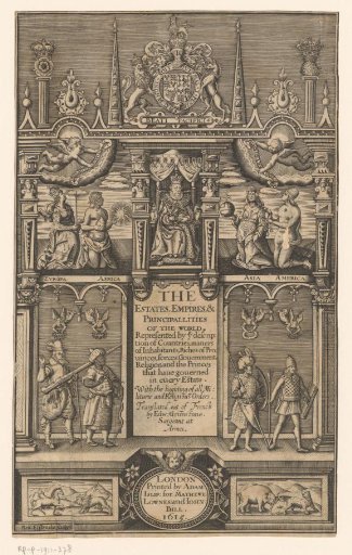 James I of England seated on a throne and surrounded by various figures