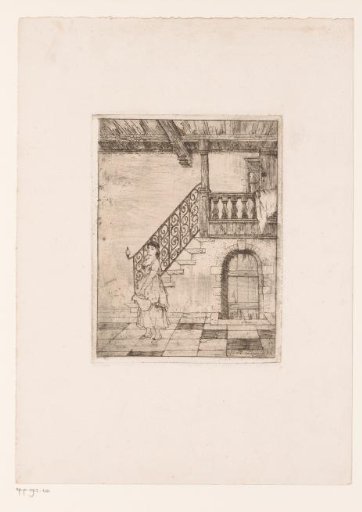 Young woman with a water jug at the bottom of a staircase