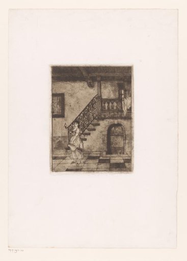Young woman with a water jug at the bottom of a staircase
