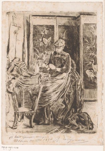 Woman doing needlework in an interior