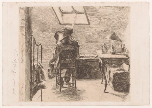 Trumpet player in an attic room