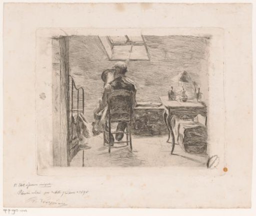 Trumpet player in an attic room