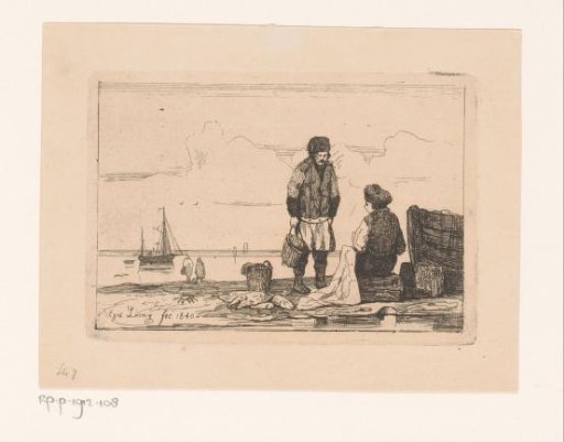 Two fishermen on the beach, one repairing a sail