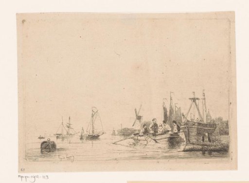 River view with floating cask, a rowboat and sailing boats