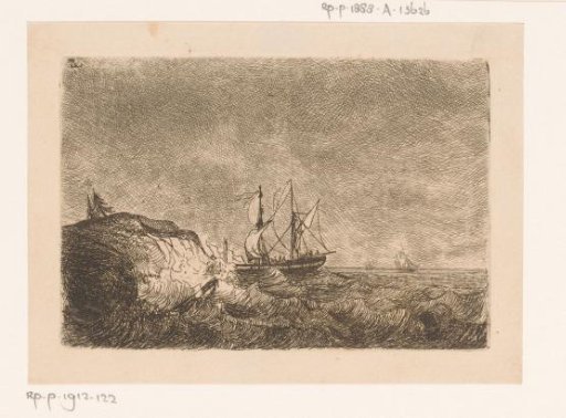 Sailing ship wrecked against the coast