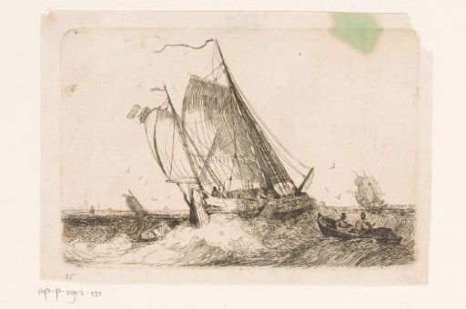 Sailing ships and a rowboat on rough seas