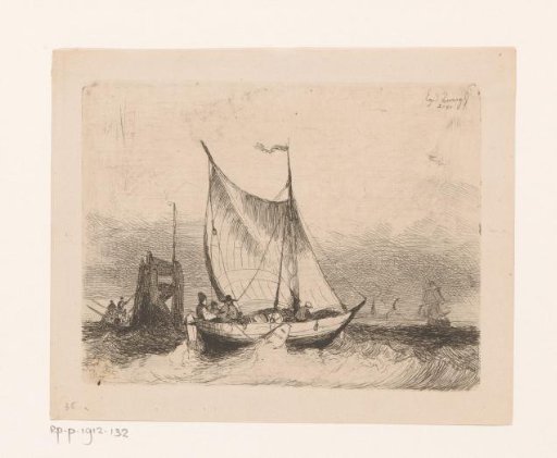 Seascape with sailing boat and beacon