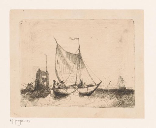 Seascape with sailing boat and beacon